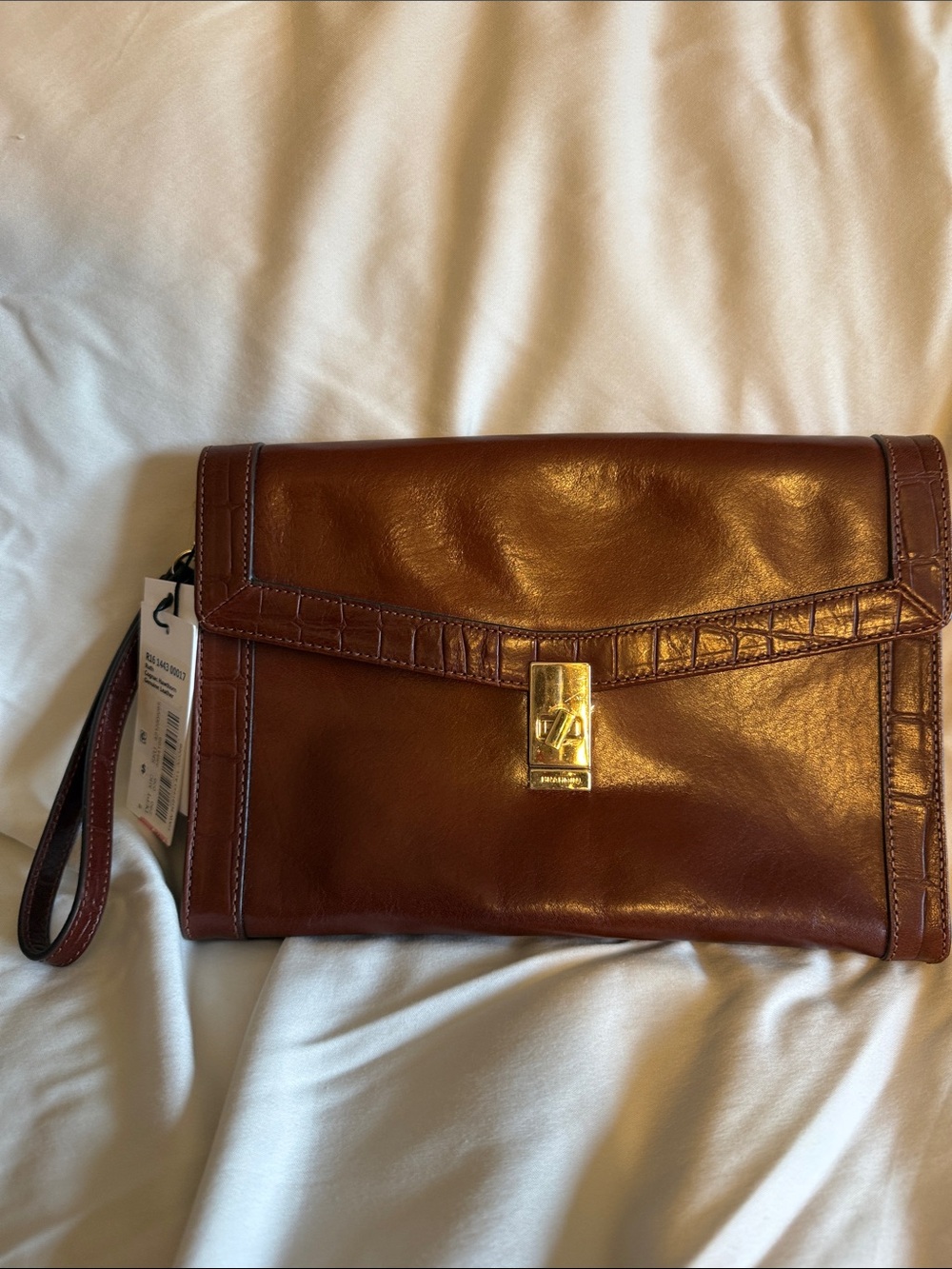 Brahmin Ruth Cognac Croc-Trim Leather Wristlet Clutch with Gold Hardware